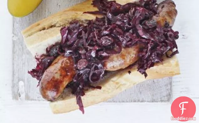 Sausages with warm red cabbage & beetroot slaw