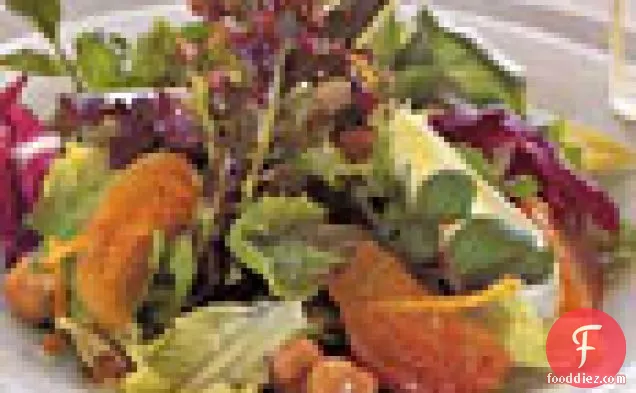 Salad of Fall Greens with Persimmons and Hazelnuts