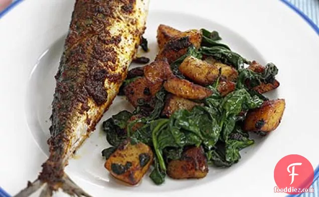Devilled mackerel with potatoes & spinach