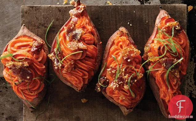 Twice-Baked Sweet Potatoes with Bacon-Sesame Brittle