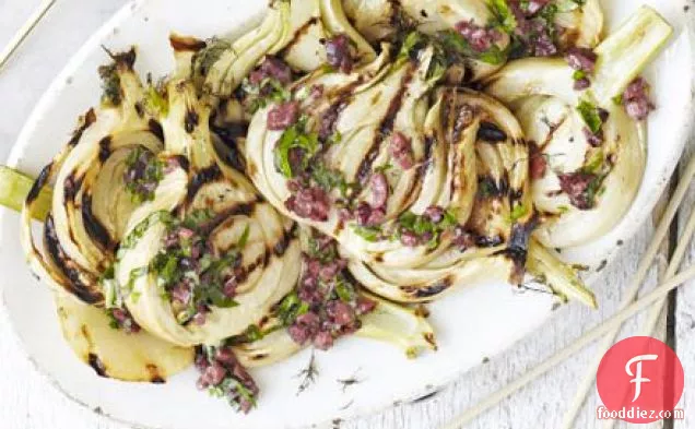 Barbecued fennel with black olive dressing