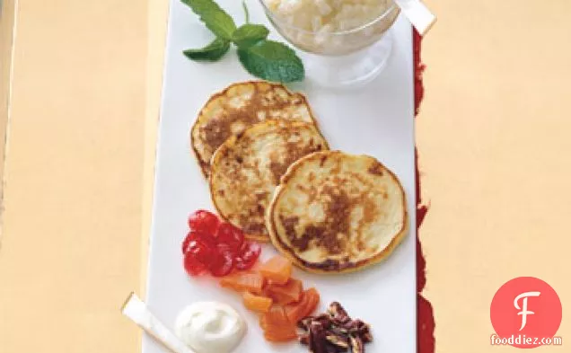 Blinis with Tapioca Caviar, Candied Fruits, Toasted Pecans, and Crème Fraîche