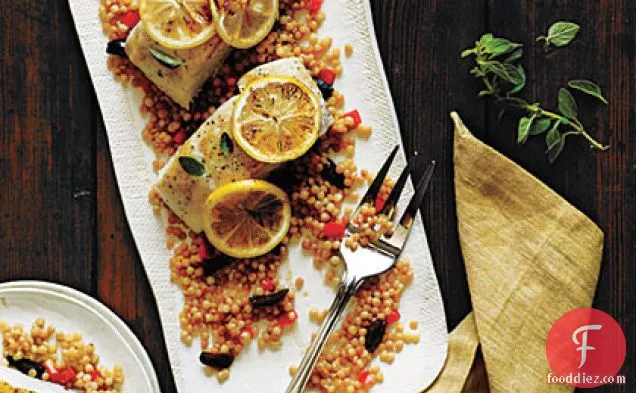 Halibut with Olive and Bell Pepper Couscous