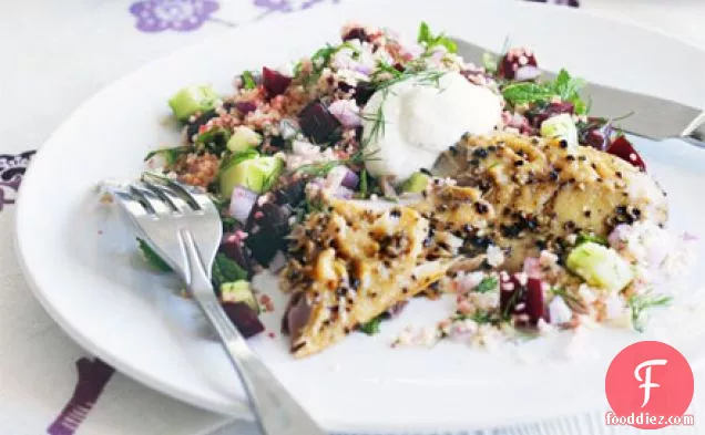 Smoked mackerel with herb & beet couscous