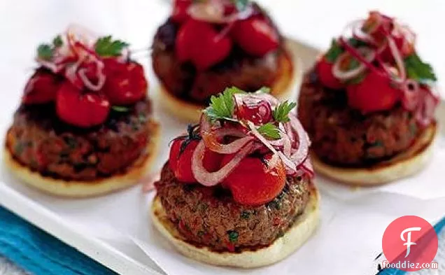 Chilli burger with roasted tomatoes & red onion relish