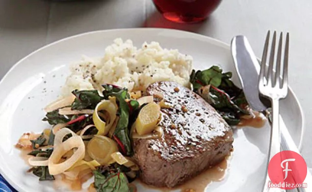 Seared Steak with Braised Leeks and Chard
