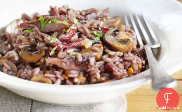 Red wine risotto with duck & garlicky mushrooms