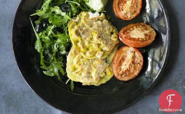 Sweetcorn fritters with slow-cooked tomatoes