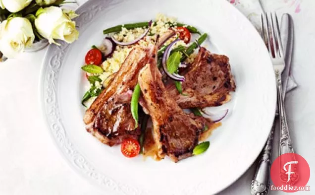 Sticky fig lamb cutlets with warm bean & couscous salad