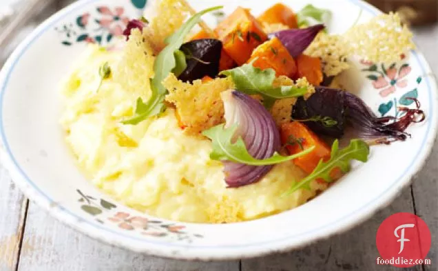 Polenta, roasted vegetables & peppered Parmesan crisps