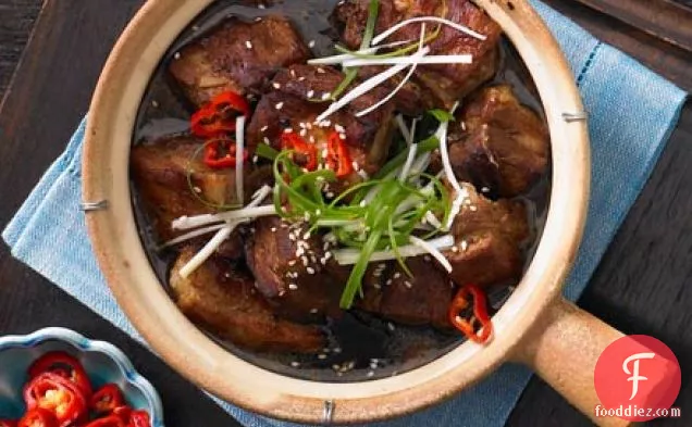 Red braised ginger pork belly with pickled chillies