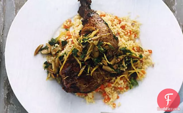 Crispy Chicken Leg Confit with Couscous and Olives