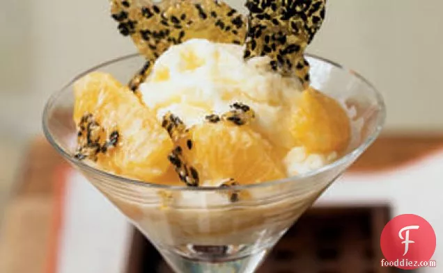 Warm Oranges in Sake Cream with Sesame Brittle