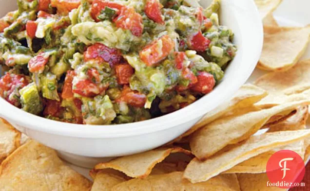 Roasted Garlic, Poblano, and Red Pepper Guacamole with Homemade Tortilla Chips