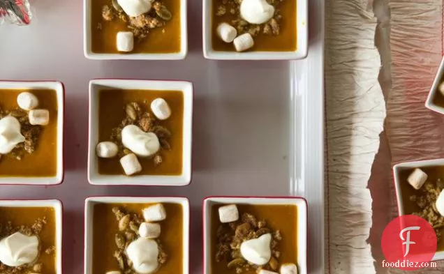 Savory Pumpkin Pie Soup with Cinnamon Marshmallows, Pepita Streusel, and Whipped Crème Fraîche