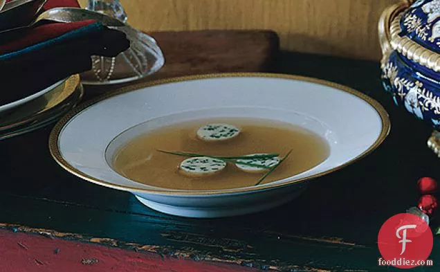 Spiced Chicken Broth with Chive Flans
