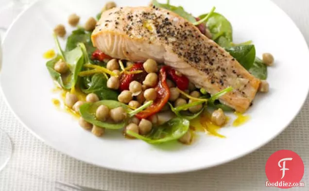 Salmon with warm chickpea, pepper & spinach salad