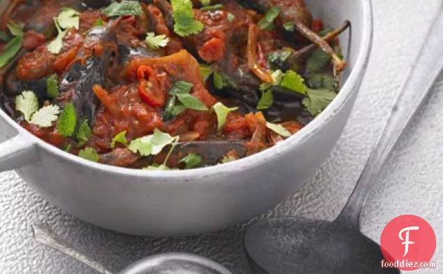 Spicy baby aubergine stew with coriander & mint