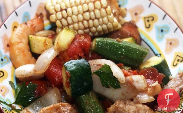 Cajun Inspired Grill With Summer Vegetables, Shrimp, Sausage and Catfish