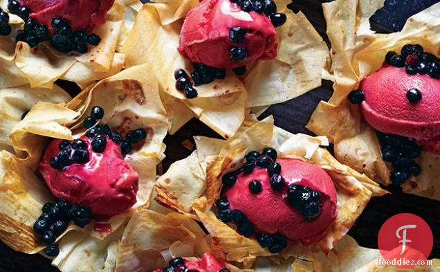 Phyllo Flowers with Sorbet and Blueberries