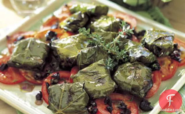 Goat Cheese in Grape Leaves with Tomato and Olive Salad