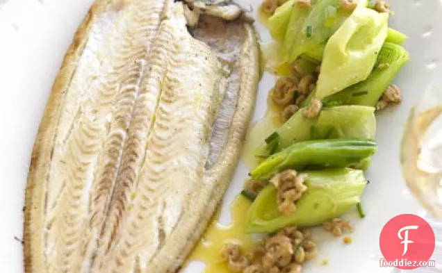 Dover sole with buttered leeks & shrimps