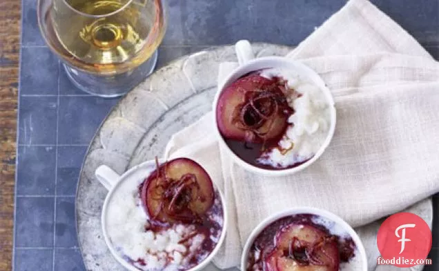 Creamy rice pudding with stewed plums