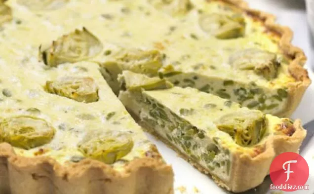 Artichoke & broad bean tart with watercress pesto