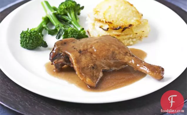 Slow-cooked duck legs in Port with celeriac gratin