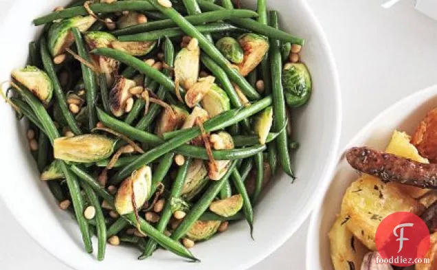 Stir-fried sprouts with green beans, lemon & pine nuts