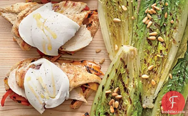 Open-face Grilled Chicken-and-Pepper Sandwiches with Grilled Romaine Wedges