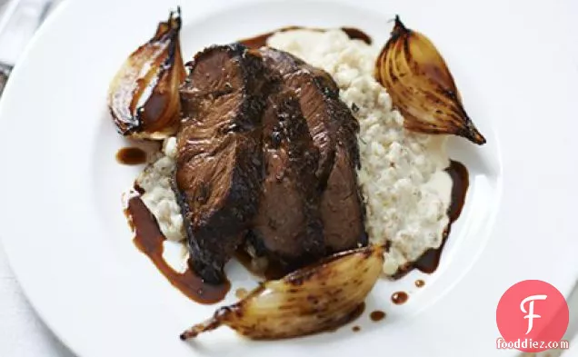 Beer-braised beef cheek, pearl barley risotto, malted onions & ale sauce