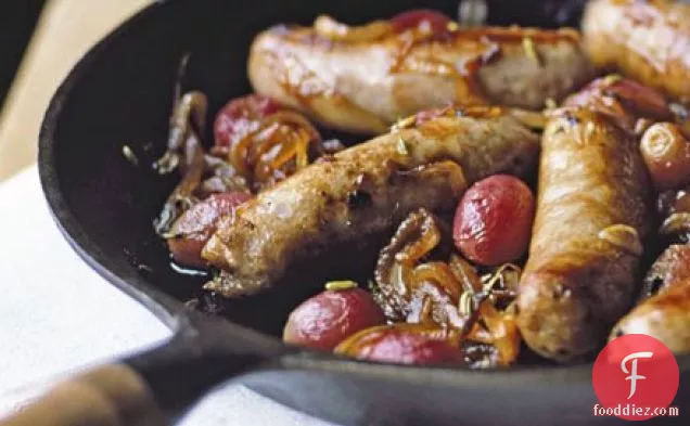 Sticky pan-roasted sausages with grapes