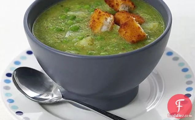 Pea & pesto soup with fish finger croûtons