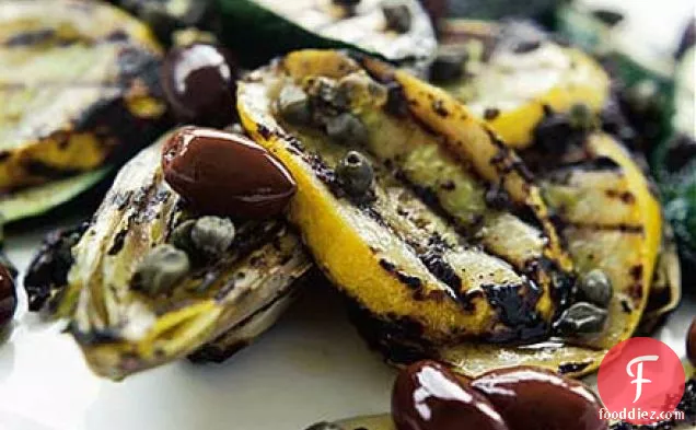 Courgettes & chicory with black olive dressing