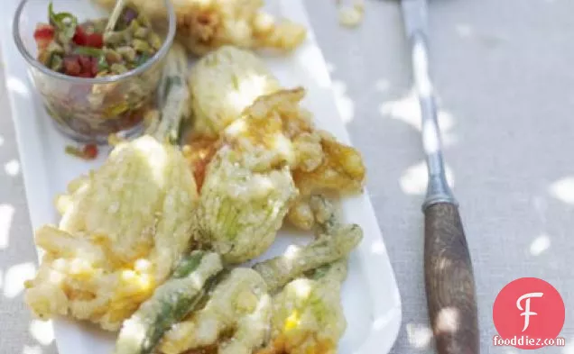 Stuffed courgette flowers with olive dressing