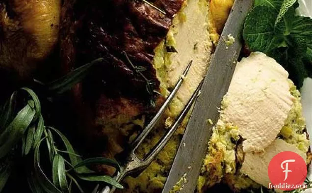 Roast chicken with leek, tarragon & goat's cheese stuffing