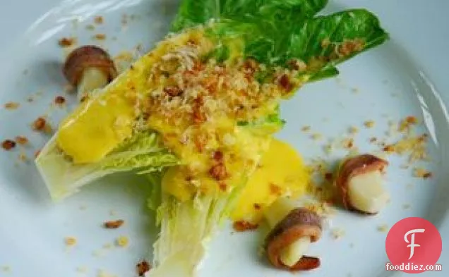 Caesar Salad with Anchovy Wrapped Garlic and Savory Lemon Sabayon