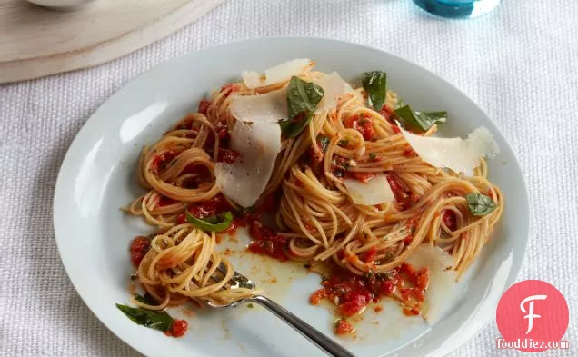 Angel Hair Pasta with Red Pepper Pesto and Basil