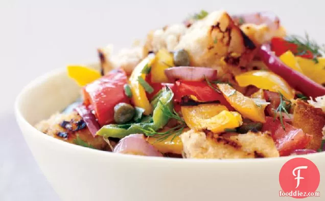 Grilled Panzanella Salad With Bell Peppers, Summer Squash, And Tomatoes