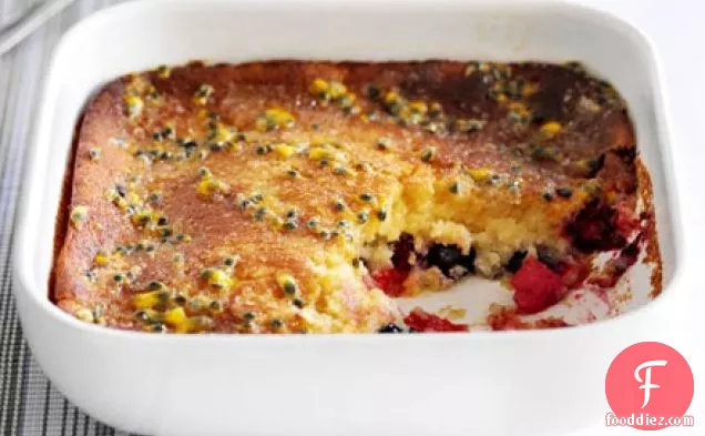 Berry bake with passion fruit drizzle