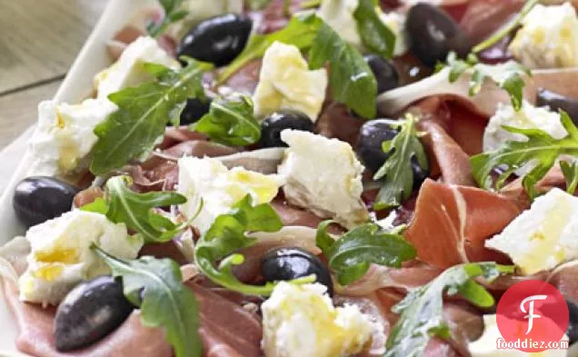 Serrano ham, olive, feta & rocket platter with homemade crostini