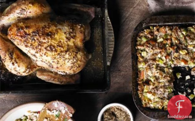 Mustard-glazed roast chicken with Waldorf stuffing