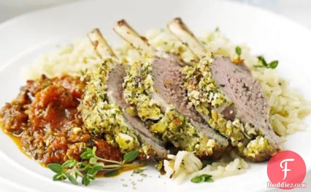 Feta-crusted lamb with rich tomato sauce