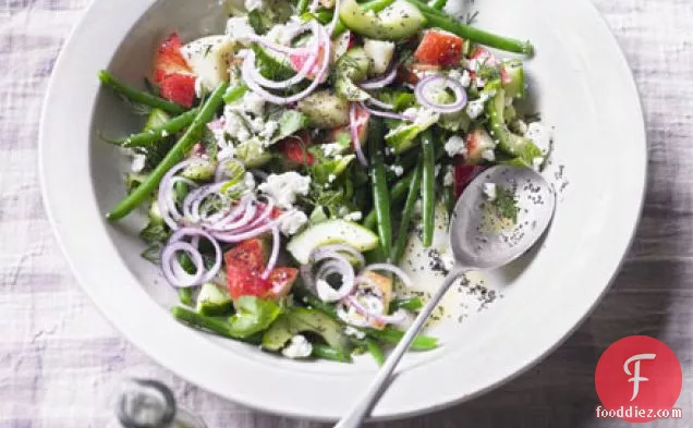 Herby feta & nectarine salad with lemon poppy seed dressing
