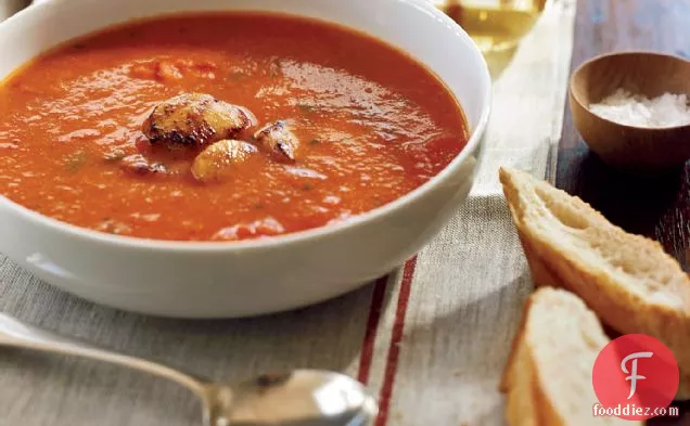 Roasted Red Pepper Soup with Seared Scallops