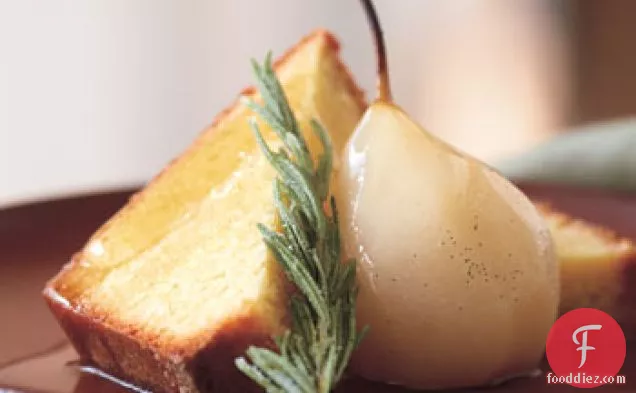 Cornmeal Pound Cake with Rosemary Syrup, Poached Pears, and Candied Rosemary