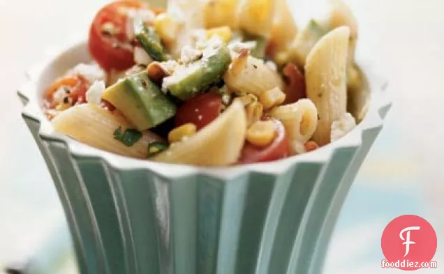 Penne with Corn, Roasted Poblanos, Avocado, and Tomato