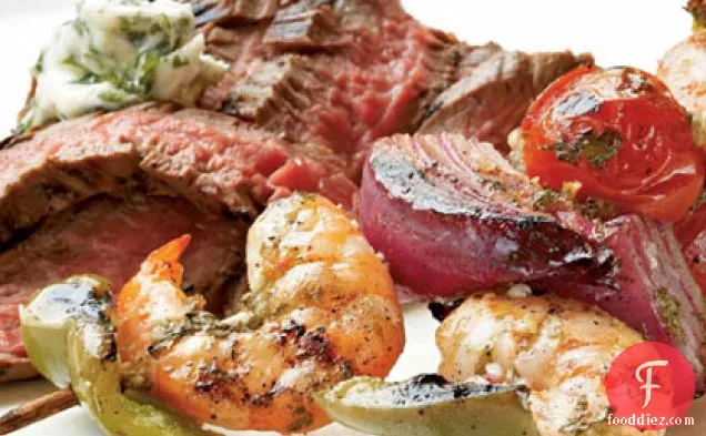 Ginger-Lime Marinated Shrimp Kebabs with Grilled Flank Steak and Cilantro Butter