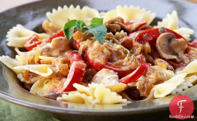 Pasta with Caramelized Onions, Mushrooms, and Bell Pepper